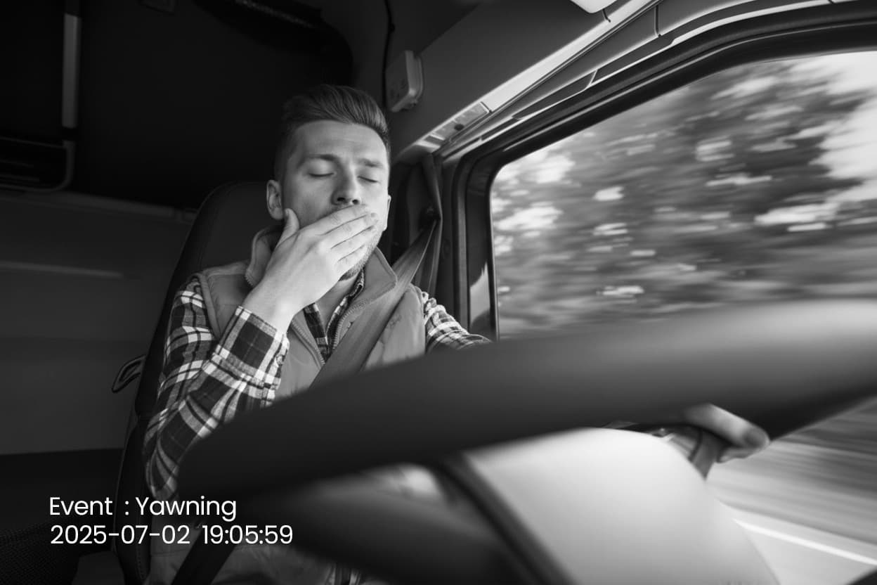 In-cab camera still showing a driver yawning, flagged as a fatigue event